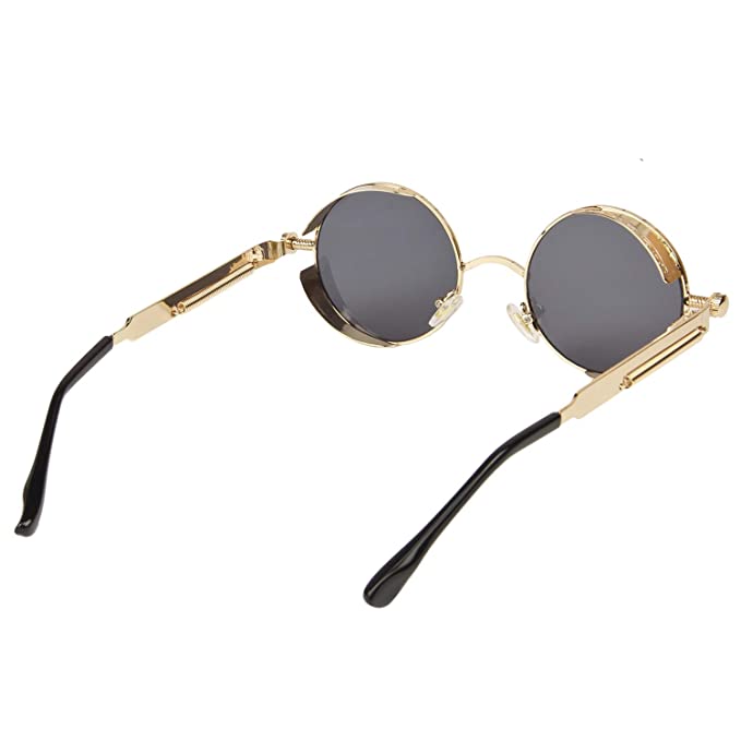 Unisex runde retro solbriller, sett fra siden, med UV400 beskyttelse og stilrent design.