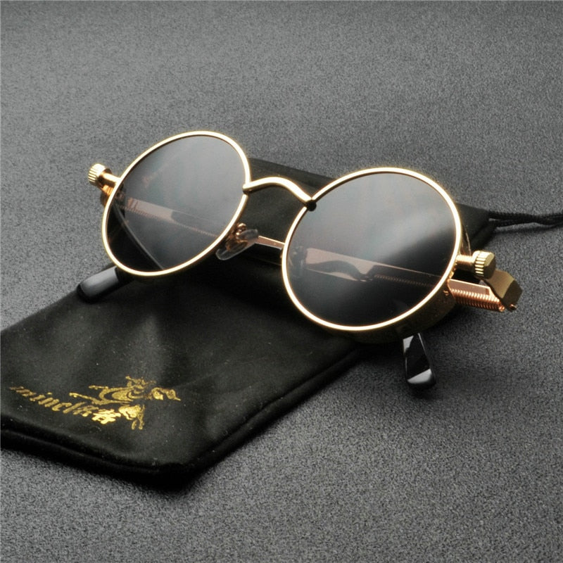Stilige unisex retro solbriller, runde rammer, UV400 og heldekkende svarte glass, mote.