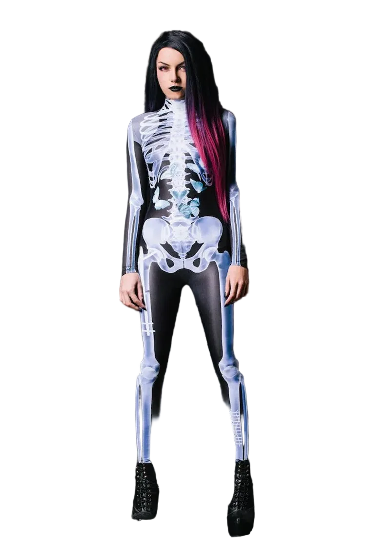 Unisex skjelettkostyme for voksne, helsort drakt med hvitt skjelettrykk, perfekt for halloween og fest