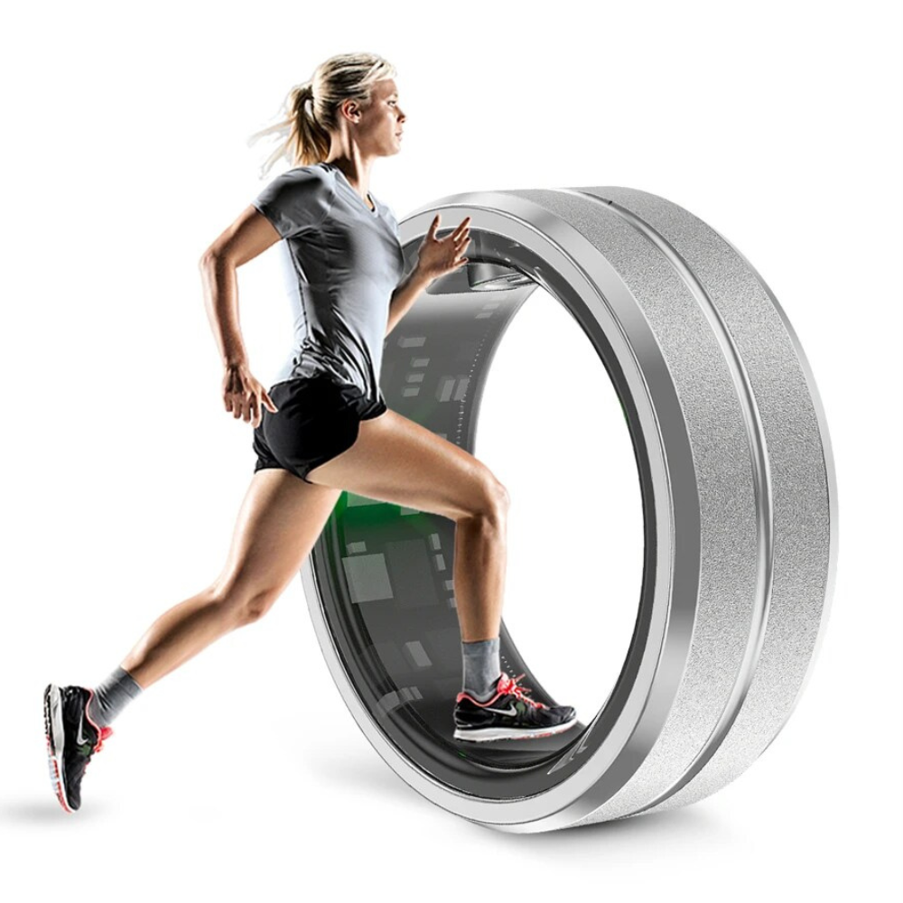 Unisex smart treningsring i sølv utførelse for aktivitetssporing og helseovervåking.
