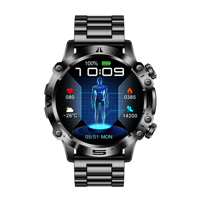 Unisex smartklokke med EKG-funksjon og helseovervåking som viser hjertefrekvens på AMOLED-skjerm.