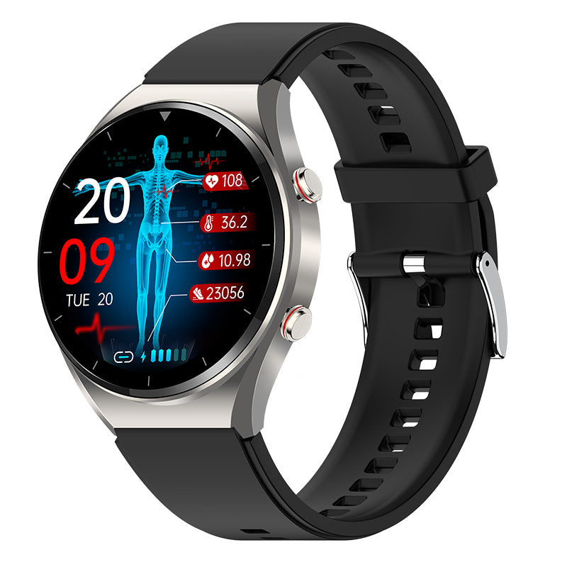 Innovativ smartklokke med presis EKG og blodsukkersensor. Unisex, vanntett og komplett helseovervåking.