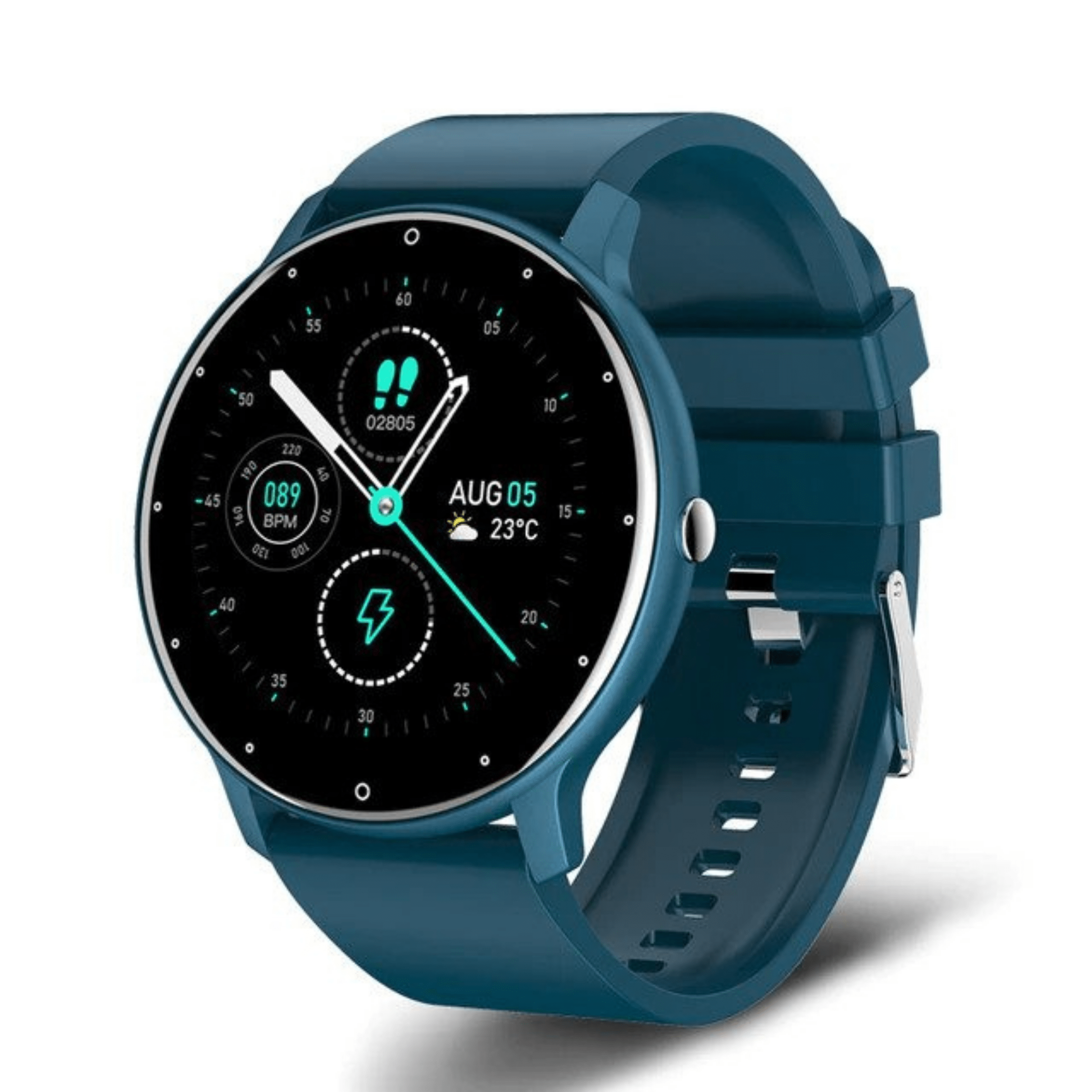 Vanntett fitness smartklokke med pulsmåler, stegteller og Bluetooth for treningssporing og smartfunksjoner.