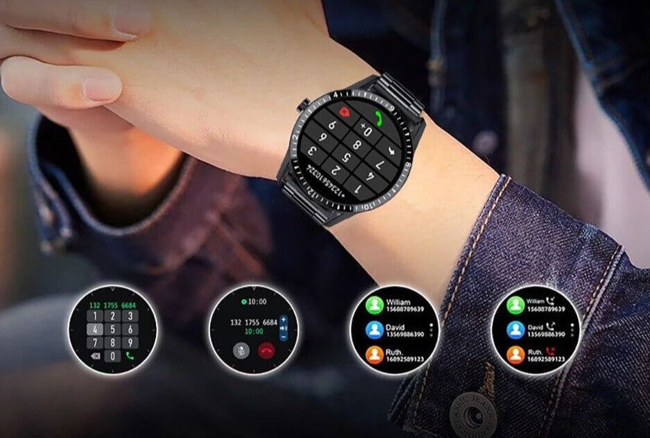 Detaljert bilde av Wearfit smartklokken i sølv, med fokus på den klare HD-skjermen og design.