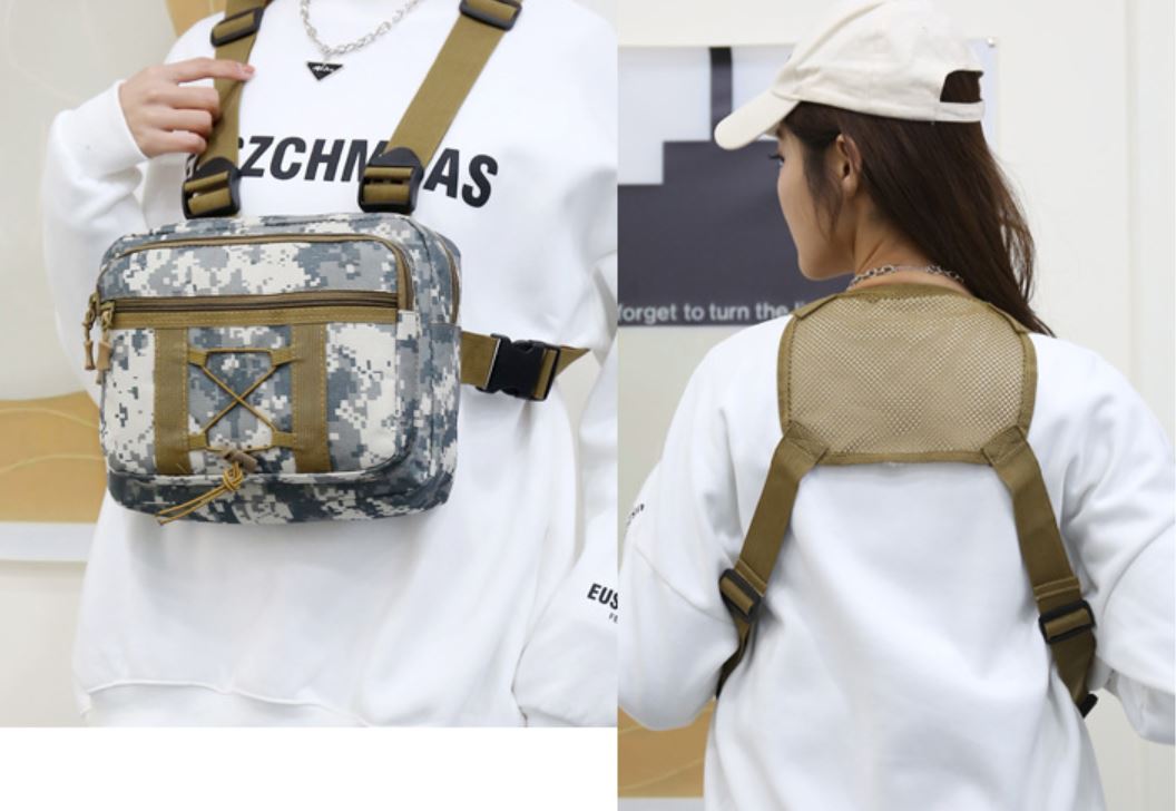 Versatile tactical chest bag with side pockets, ideal for outdoor activities and travel.