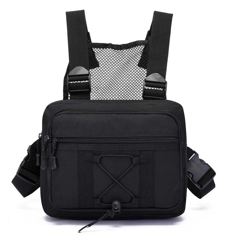 Model wearing a unisex tactical chest bag in urban style, perfect for sports.