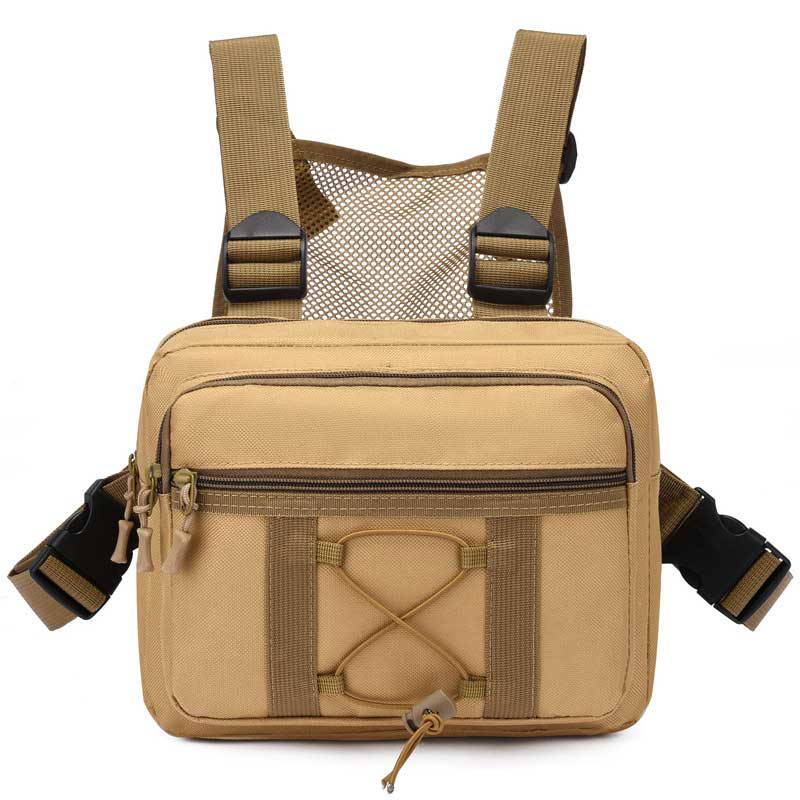 Waterproof tactical chest bag with multiple zippers, organization for travel essentials.