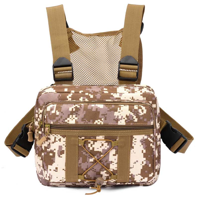 Unisex tactical chest bag in a dark color, functional and rugged for all adventures.