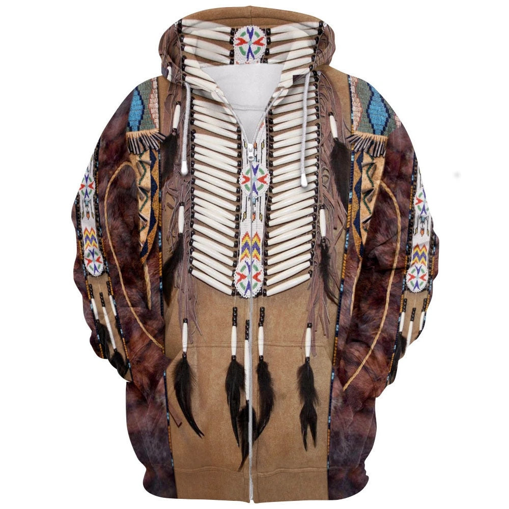 Detalj av mønster på unisex hettegenser med levende 3D tribal-trykk, moteklær.
