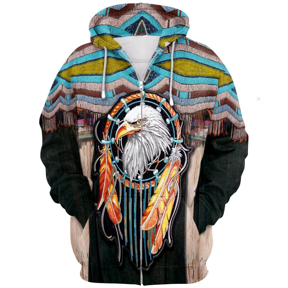 Hettegenser med hette og snor, 3D tribal-trykk, moderne og unisex stil.