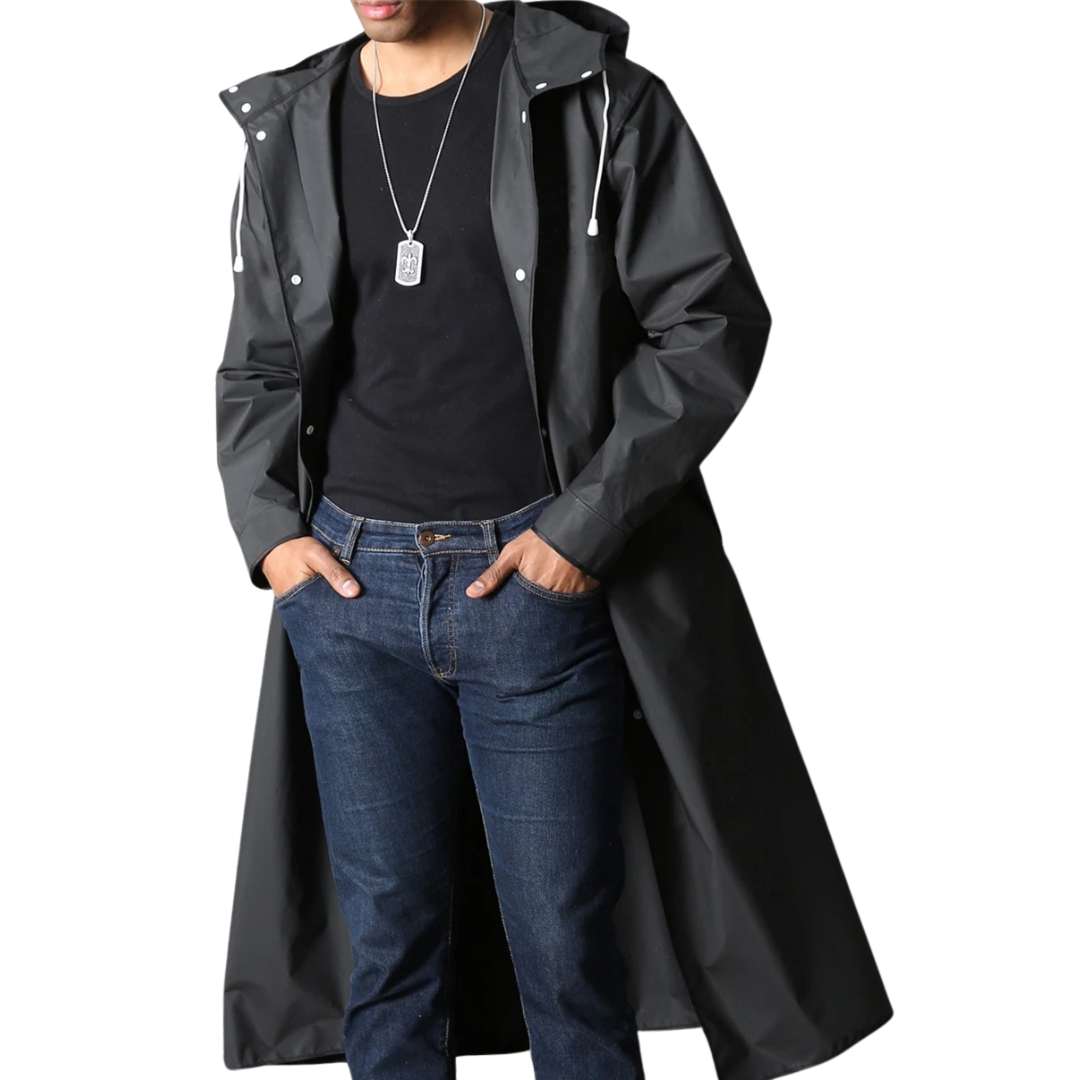 Nærbilde av stoffet på den vanntette unisex regnfrakken med hette, som fremhever kvaliteten.