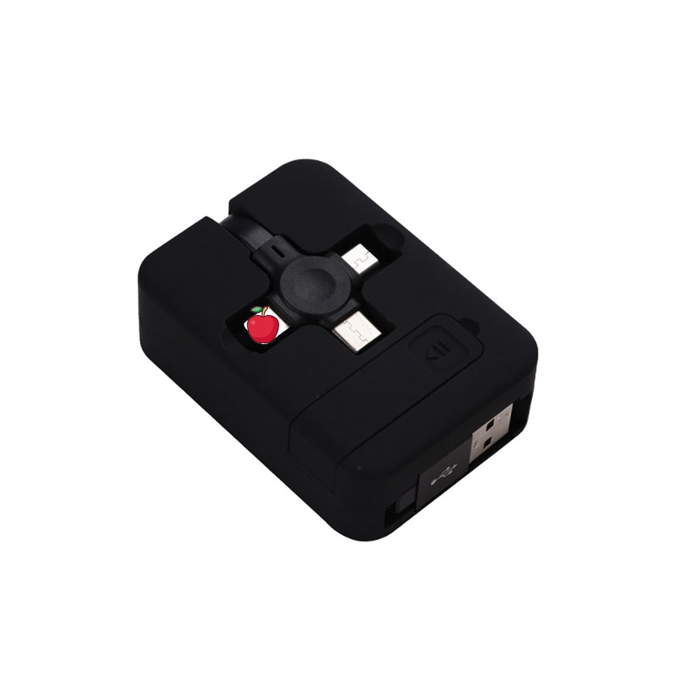 Universal 3-i-1 teleskopisk ladekabel med Lightning, USB-C og Micro-USB.