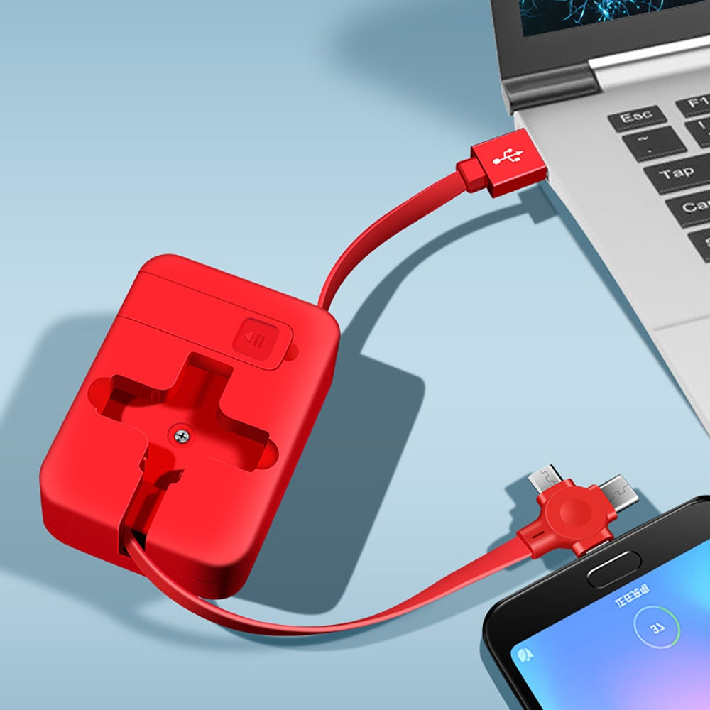 Enkel ladekabel med justerbar lengde, 3-i-1 kontakter (USB-C, Micro-USB, Lightning).