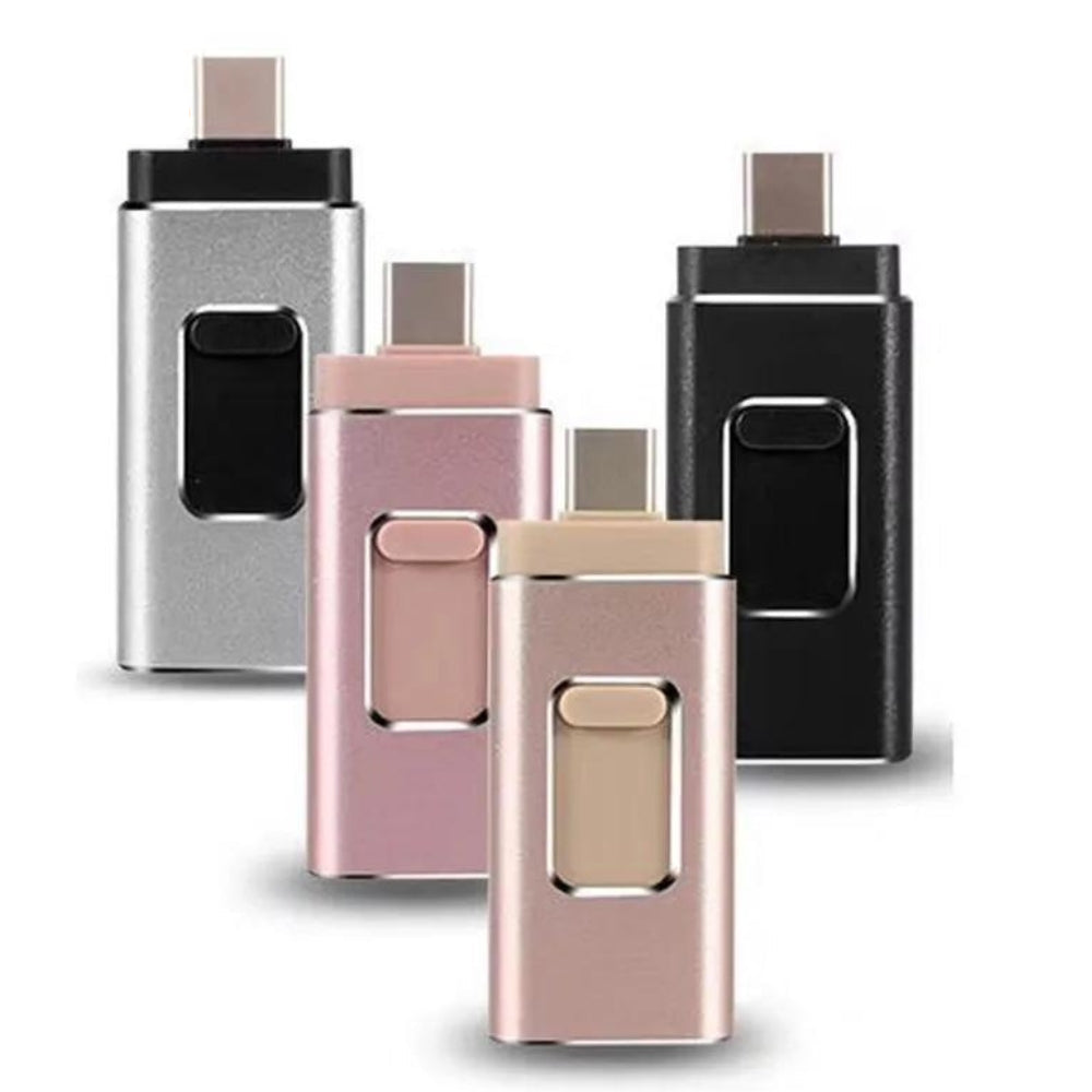 Universal 4-i-1 flashdrive for rask filoverføring mellom iOS, Android, PC. USB-C/Lightning.