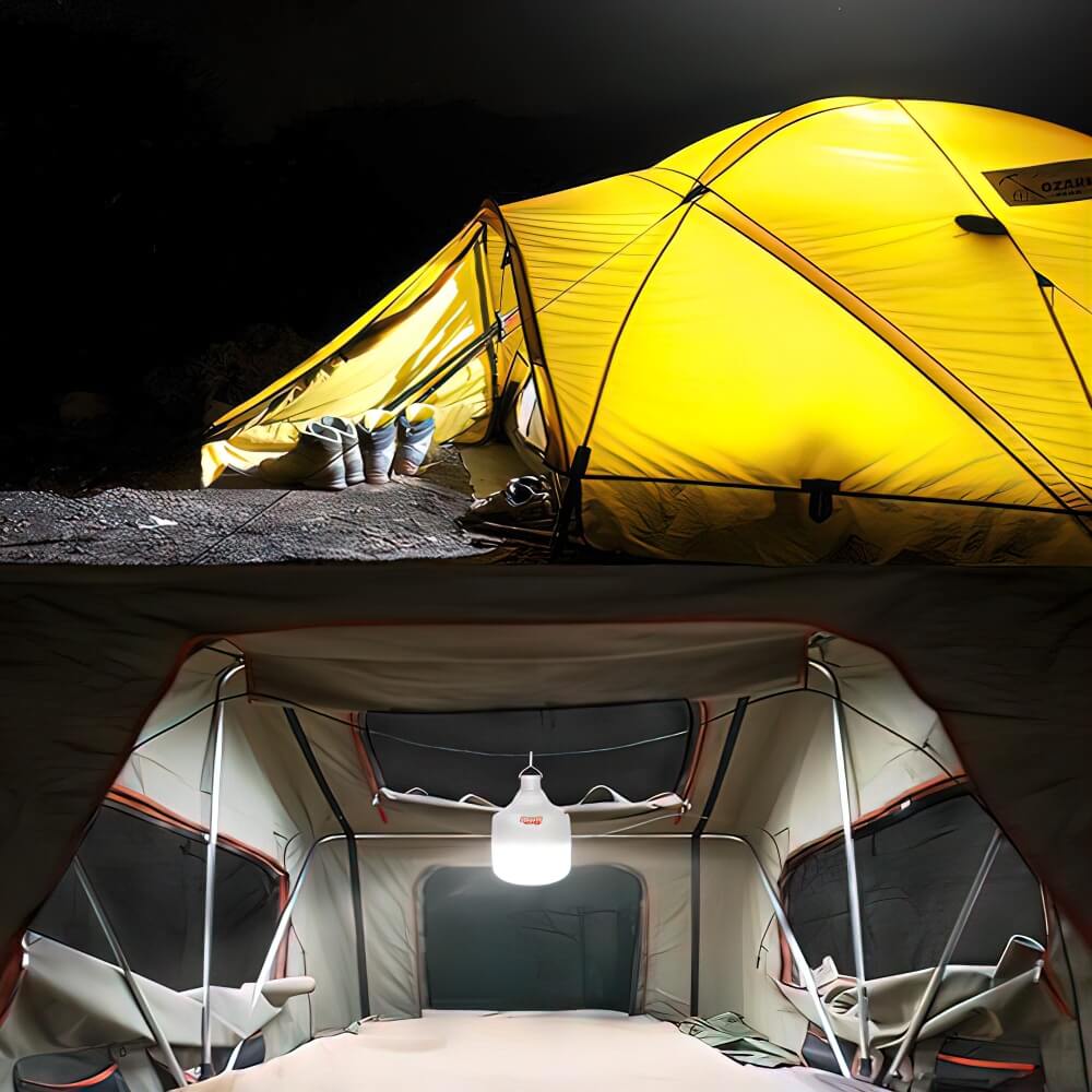Kompakt LED lyspære for reiseutstyr, oppladbar og vanntett design, lett å pakke med.