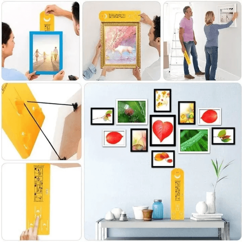 DIY-hengeverktøy med vater for perfekt montering av veggdekorasjon hjemme.