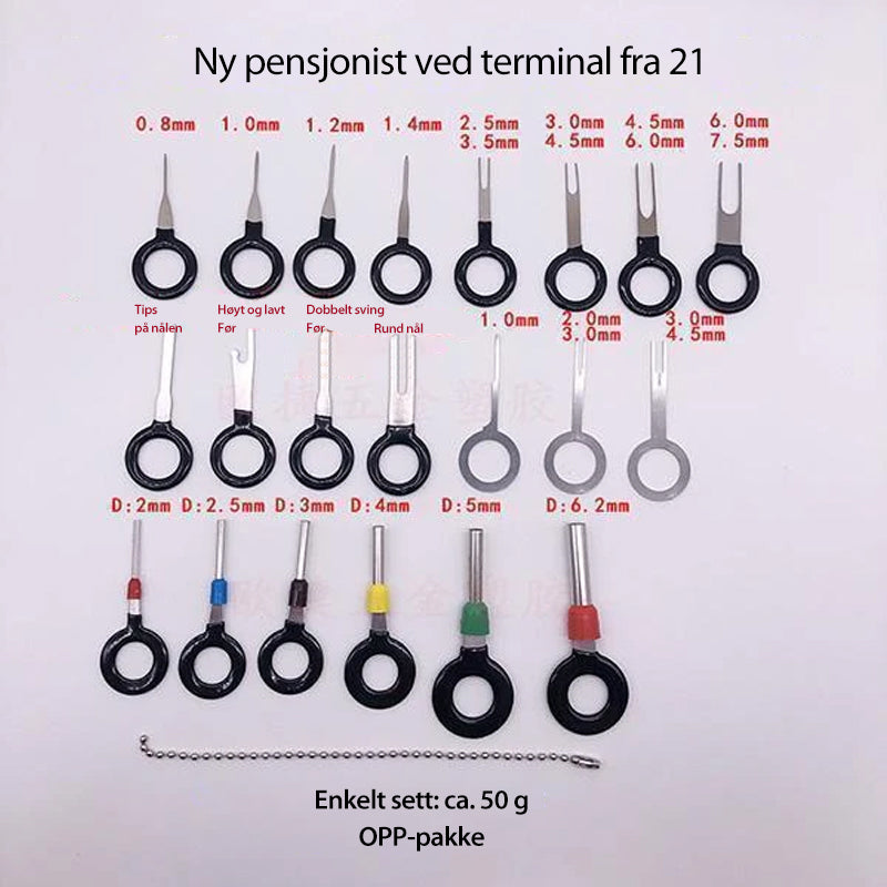 "Universalt og holdbart fjerningsverktøysett i stål og plast, enkelt i bruk for kontaktfjerning i elektronikk og kjøretøy."