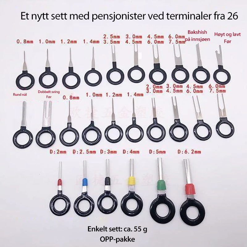 "Universalt og holdbart fjerningsverktøysett i stål og plast, enkelt i bruk for kontaktfjerning i elektronikk og kjøretøy."