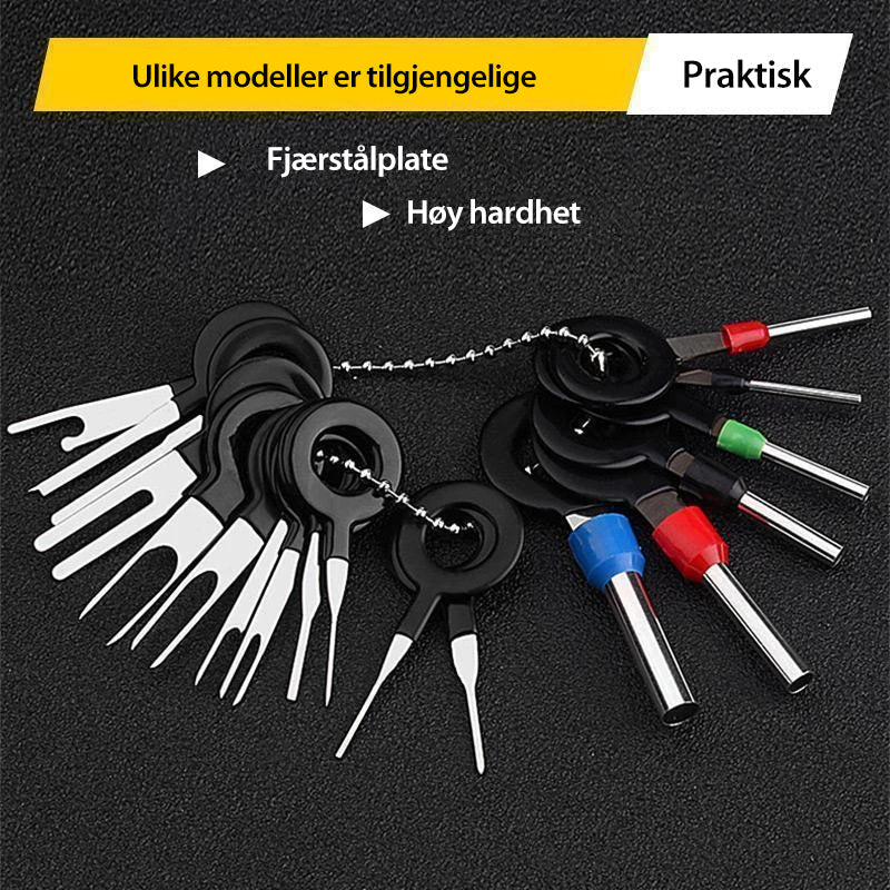 "Universalt og holdbart fjerningsverktøysett i stål og plast, enkelt i bruk for kontaktfjerning i elektronikk og kjøretøy."