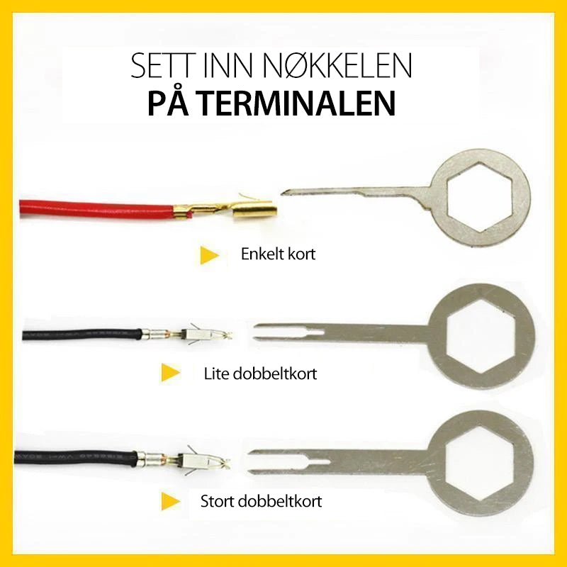 "Universalt og holdbart fjerningsverktøysett i stål og plast, enkelt i bruk for kontaktfjerning i elektronikk og kjøretøy."