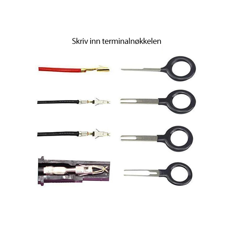 "Universalt og holdbart fjerningsverktøysett i stål og plast, enkelt i bruk for kontaktfjerning i elektronikk og kjøretøy."