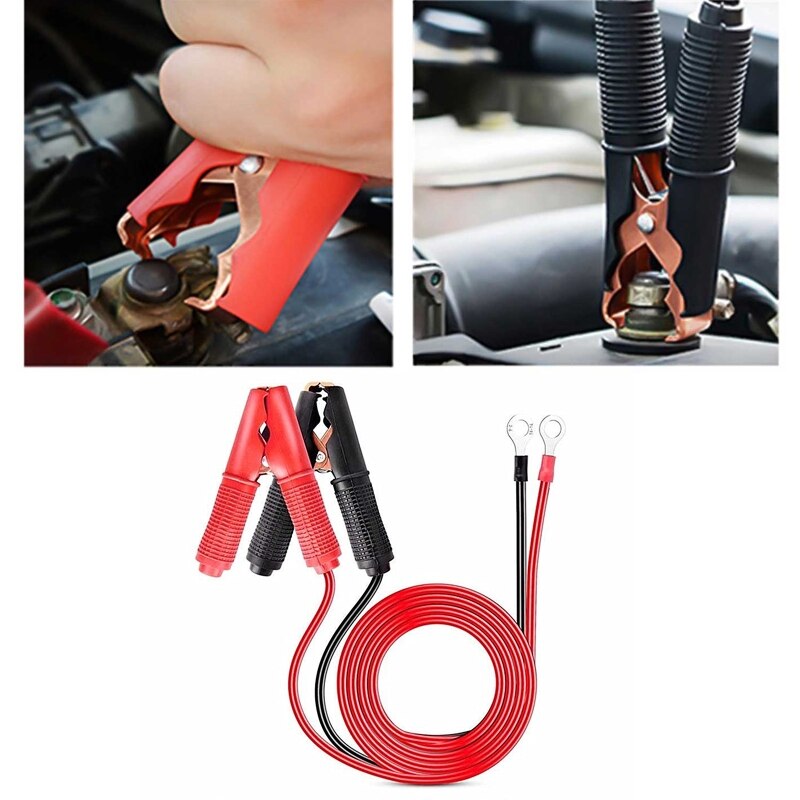 Fleksibel bilbatterikabel med robuste klemmer, ideell for start av biler, lastebiler, båter og campingvogner.