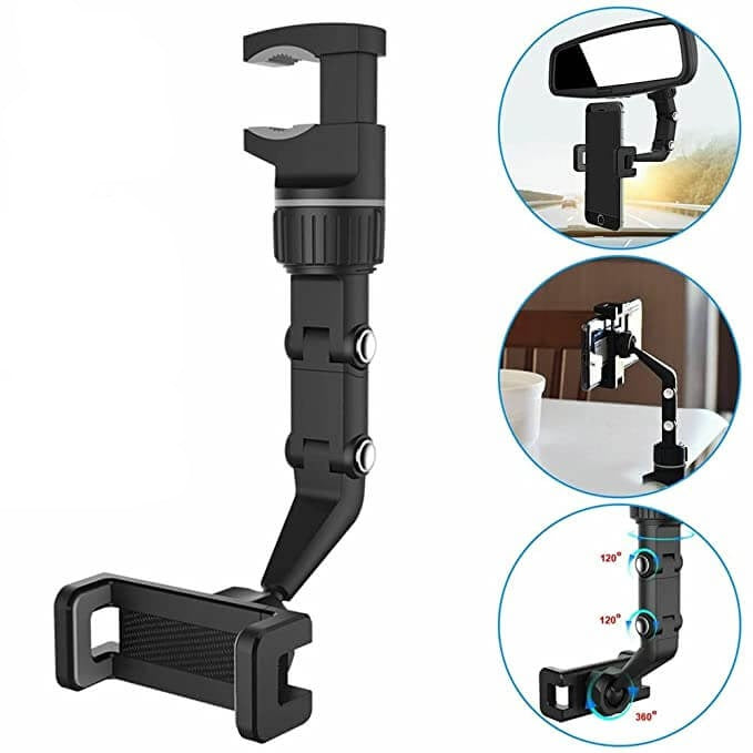 360° roterbar telefonholder for bilens ryggespeil. Justerbar vinkel for perfekt sikt og brukervennlighet.