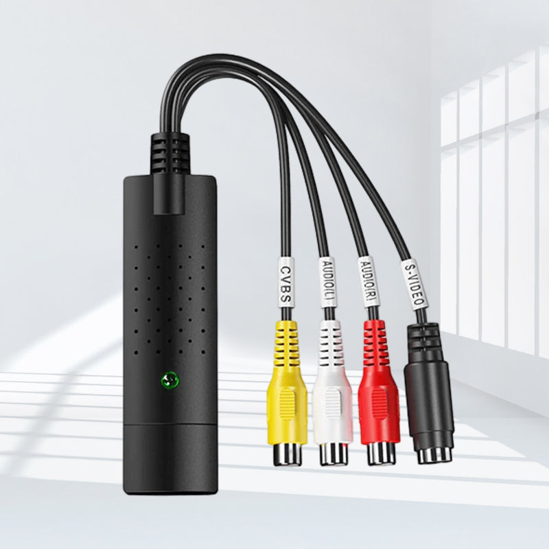 "USB videoopptakskort for enkel konvertering, svart adapter med USB-plugg, til video til digital overføring."