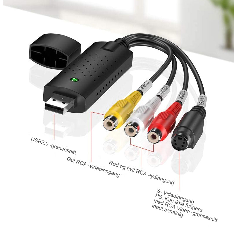 "USB videoopptakskort for enkel konvertering, svart adapter med USB-plugg, til video til digital overføring."
