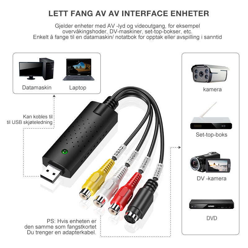 "USB videoopptakskort for enkel konvertering, svart adapter med USB-plugg, til video til digital overføring."
