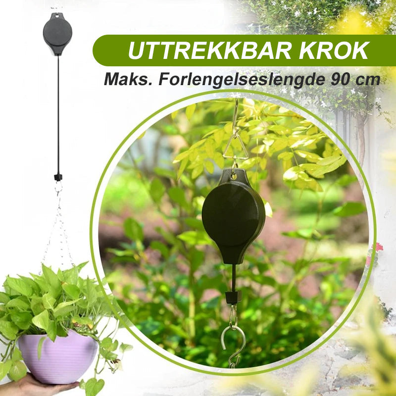 "Uttrekkbar, robust krok for hagekurver og fuglematere, svart farge, justerbar lengde for balkong eller hage."