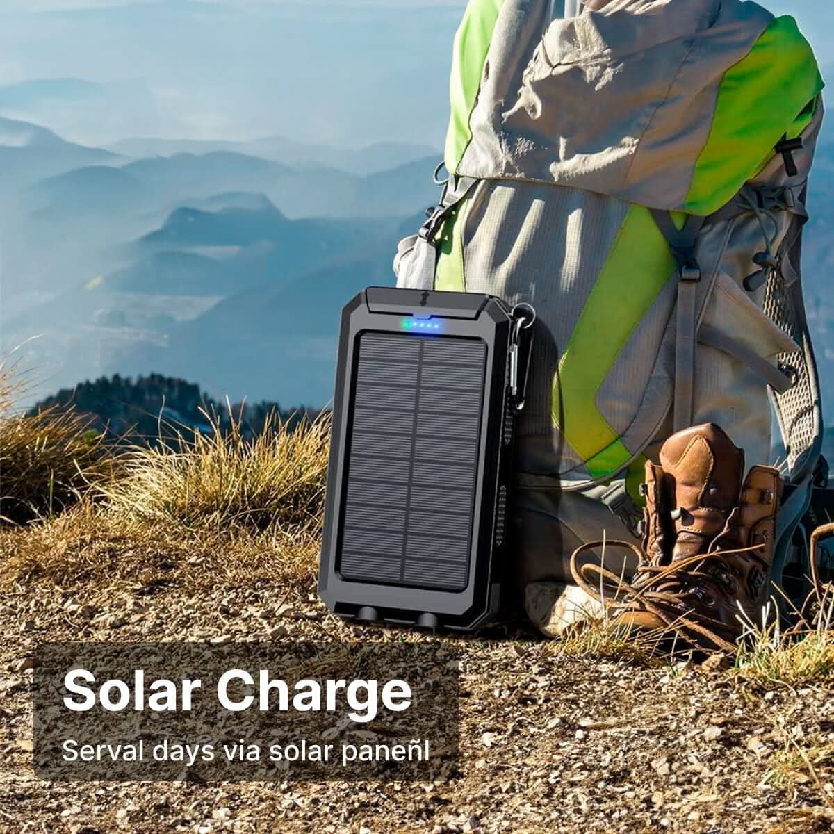 Friluftsutstyr: robust, vanntett solcelle powerbank med LED-lampe og solid konstruksjon