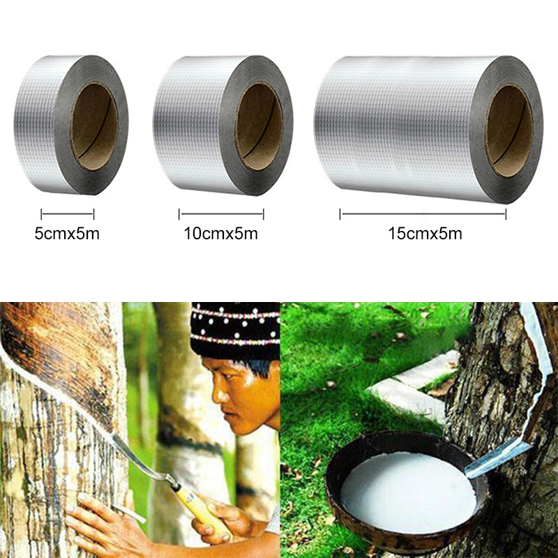 "Vanntett butylgummi tape, 5-15 cm bred, grå metalliceffekt for tetting og beskyttelse mot elementene."