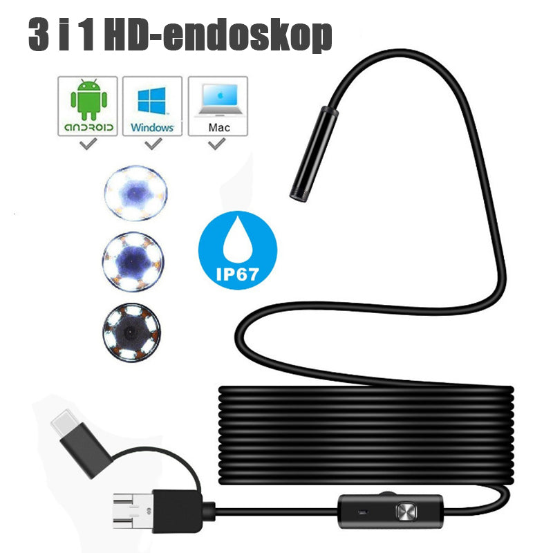 "Vanntett endoskop for bilinspeksjon, 720P HD, 3-i-1-grensesnitt, fleksibel kabel, LED-lys, for trange steder"