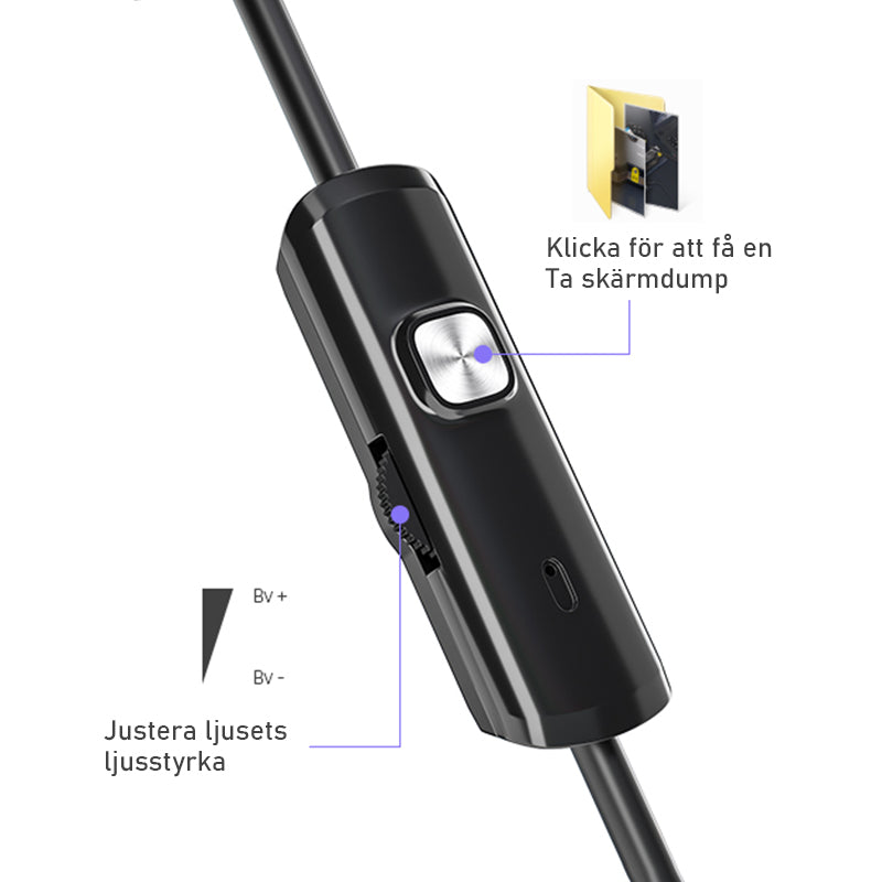 "Vanntett endoskop for bilinspeksjon, 720P HD, 3-i-1-grensesnitt, fleksibel kabel, LED-lys, for trange steder"