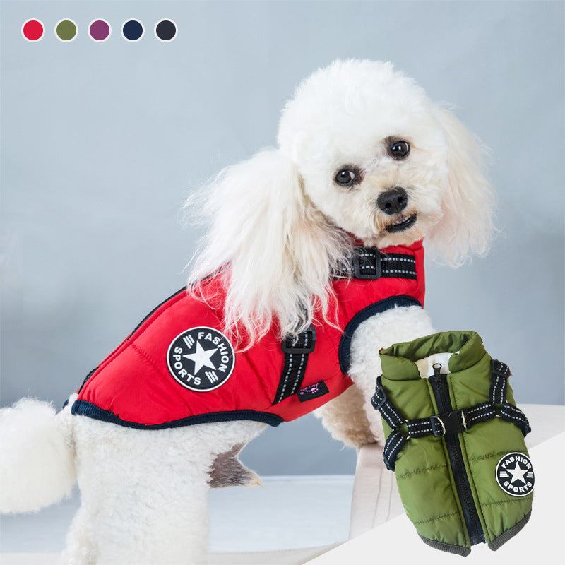 Vanntett hundejakke med refleksbelte, flere farger, varm og stilig design for sikkerhet og komfort utendørs.