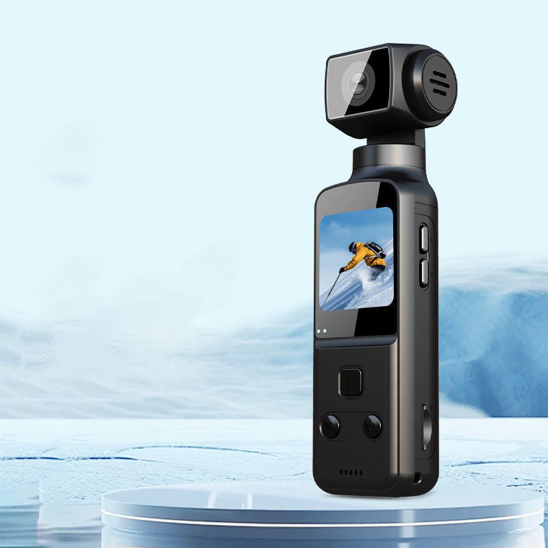 "Vanntett lomme-actionkamera i svart med 4K HD, roterbart stativ for fleksibel bildejustering, perfekt for vannsport."