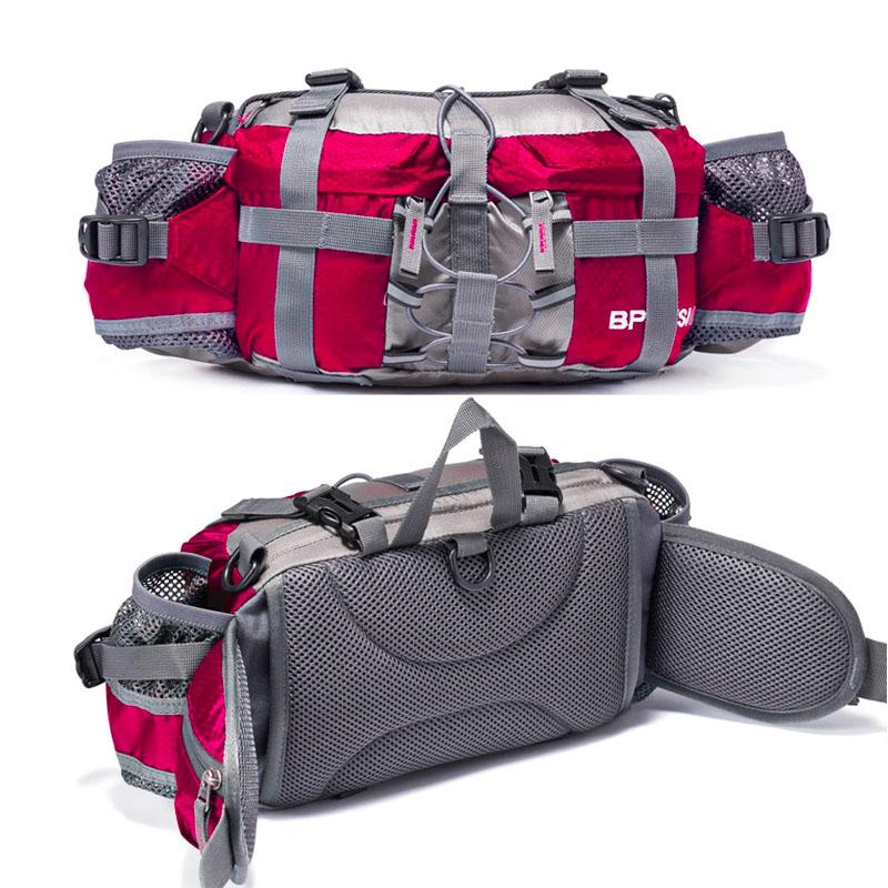 Vanntett midjepose i nylon med flaskeholder, romslig design, tre frontlommer og justerbar stropp. Perfekt for turer.