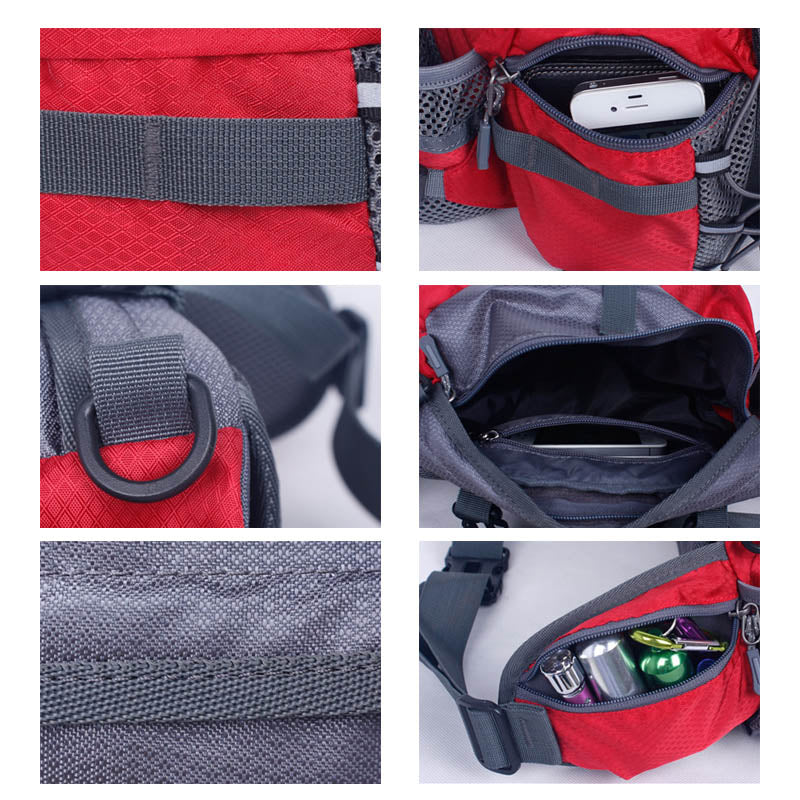 Vanntett midjepose i nylon med flaskeholder, romslig design, tre frontlommer og justerbar stropp. Perfekt for turer.