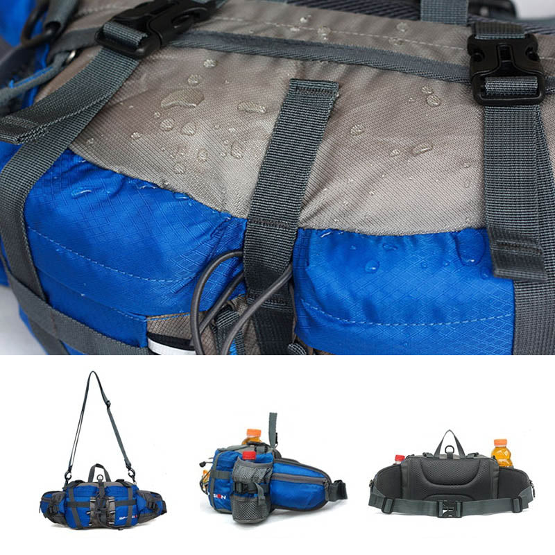 Vanntett midjepose i nylon med flaskeholder, romslig design, tre frontlommer og justerbar stropp. Perfekt for turer.