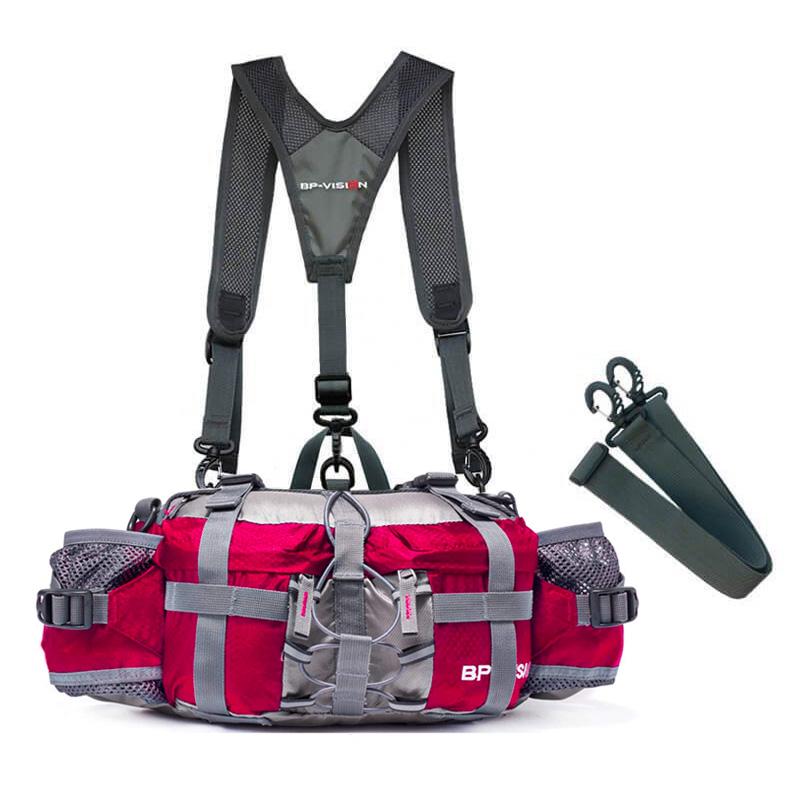 Vanntett midjepose i nylon med flaskeholder, romslig design, tre frontlommer og justerbar stropp. Perfekt for turer.