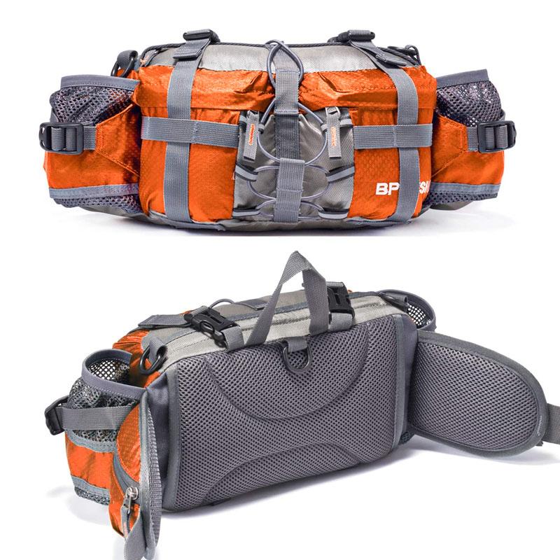 Vanntett midjepose i nylon med flaskeholder, romslig design, tre frontlommer og justerbar stropp. Perfekt for turer.