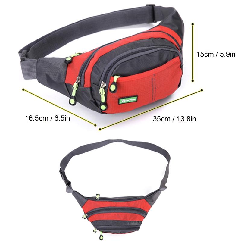 "Vanntett multifunksjonell midje bag i svart nylon, justerbart belte, flere rom, ideell for utendørsaktiviteter."