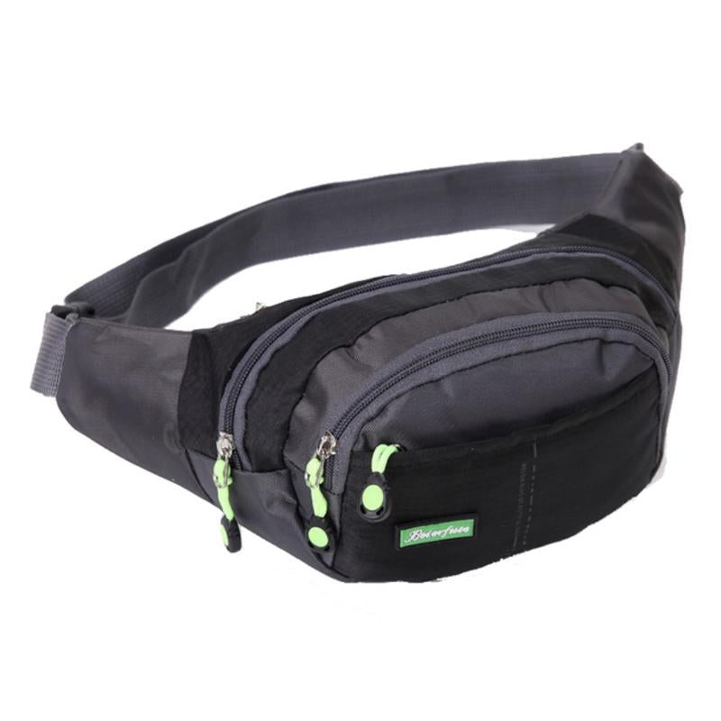 "Vanntett multifunksjonell midje bag i svart nylon, justerbart belte, flere rom, ideell for utendørsaktiviteter."