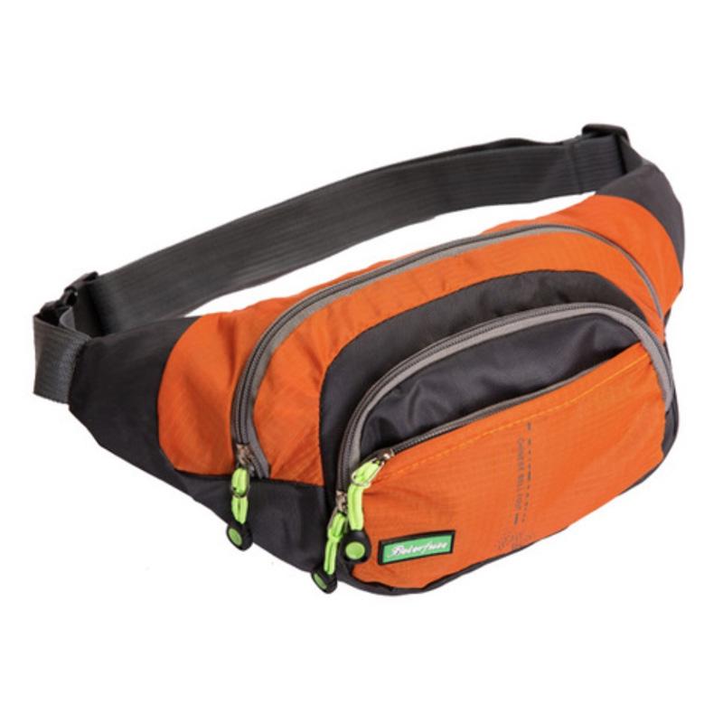 "Vanntett multifunksjonell midje bag i svart nylon, justerbart belte, flere rom, ideell for utendørsaktiviteter."