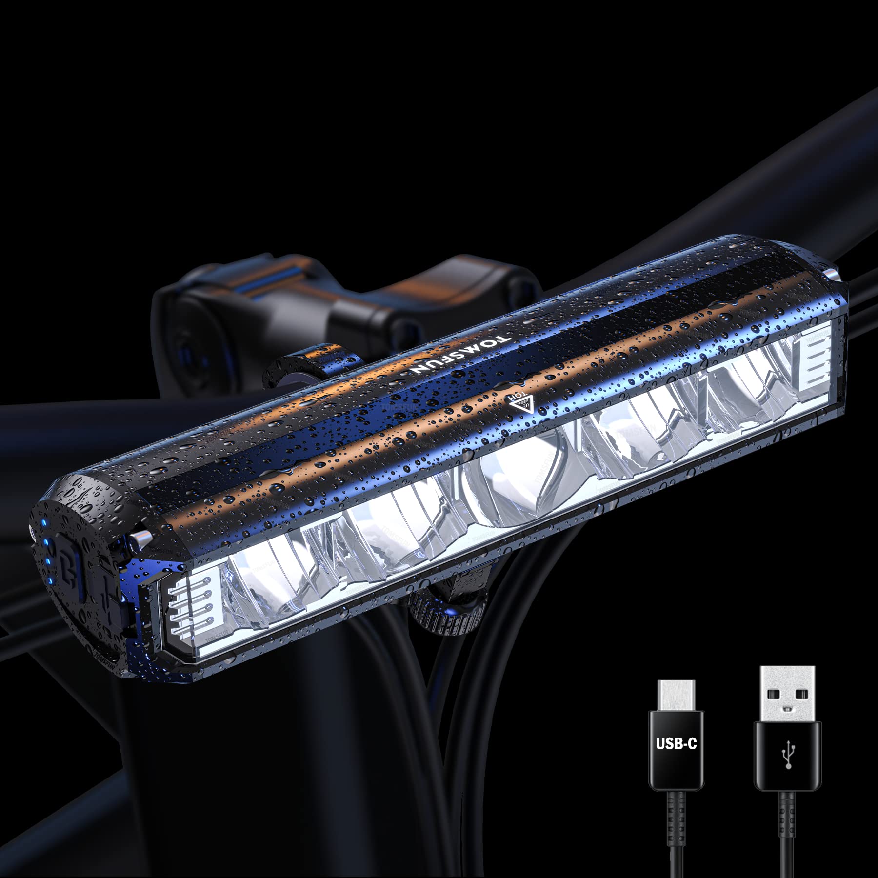 "Vanntett sykkellykt med fem kraftige LED-lys, 2600 lumen, USB-C for trygg sykling om natten"