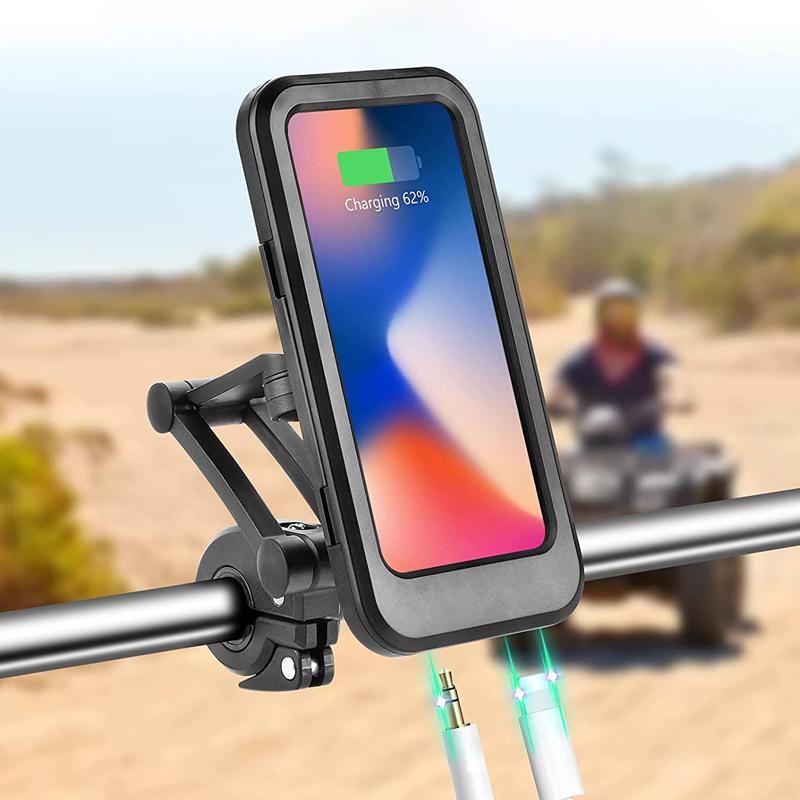 "Vanntett telefonholder med 360° justering, robust design, sikker montering, passer til mobiltelefoner opptil 6,5 tommer."