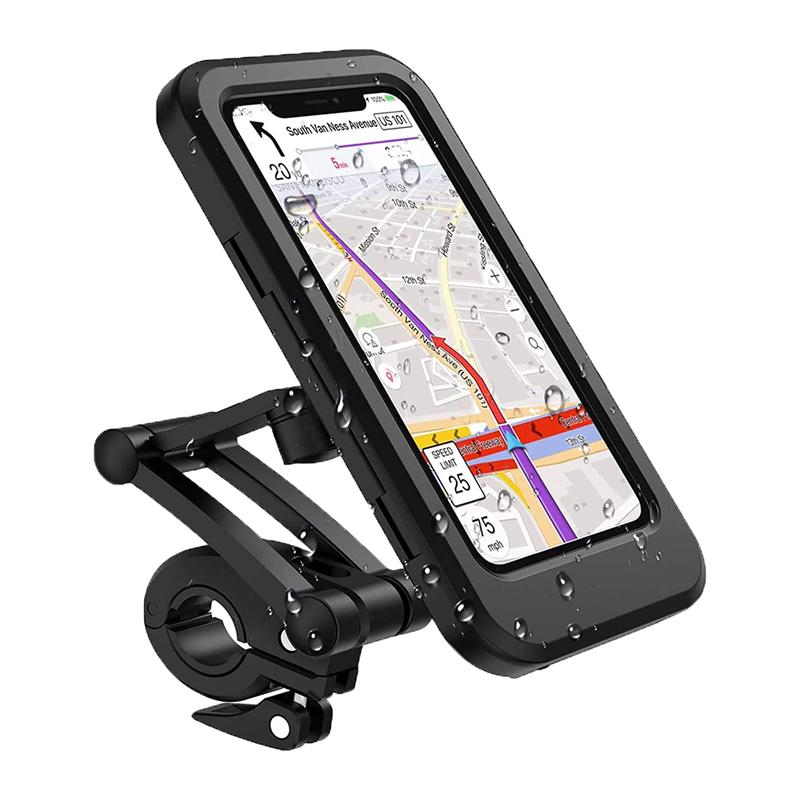 "Vanntett telefonholder med 360° justering, robust design, sikker montering, passer til mobiltelefoner opptil 6,5 tommer."