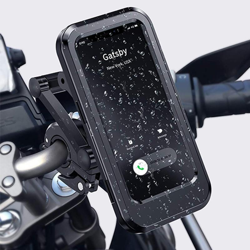 "Vanntett telefonholder med 360° justering, robust design, sikker montering, passer til mobiltelefoner opptil 6,5 tommer."
