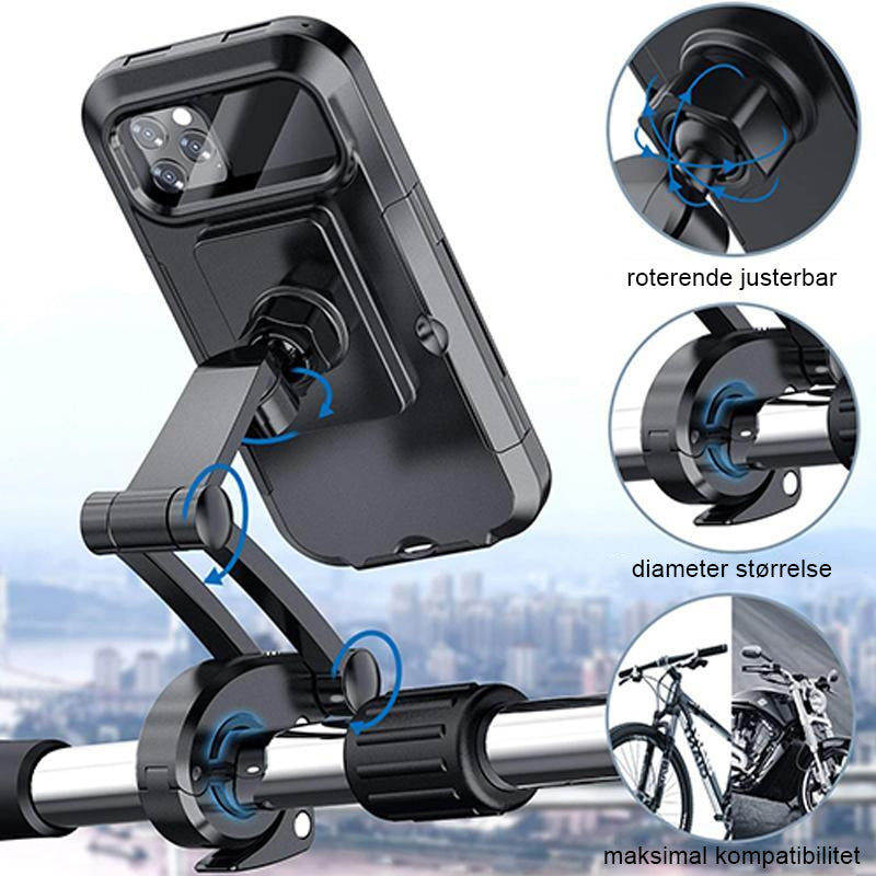 "Vanntett telefonholder med 360° justering, robust design, sikker montering, passer til mobiltelefoner opptil 6,5 tommer."